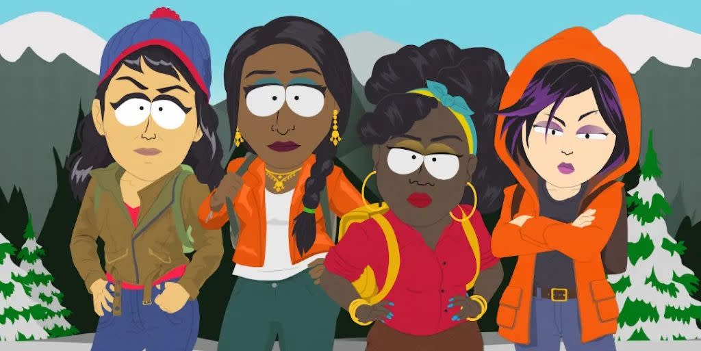 south park joining the panderverse poster, with female versions of cartman, stan, kenny and butters