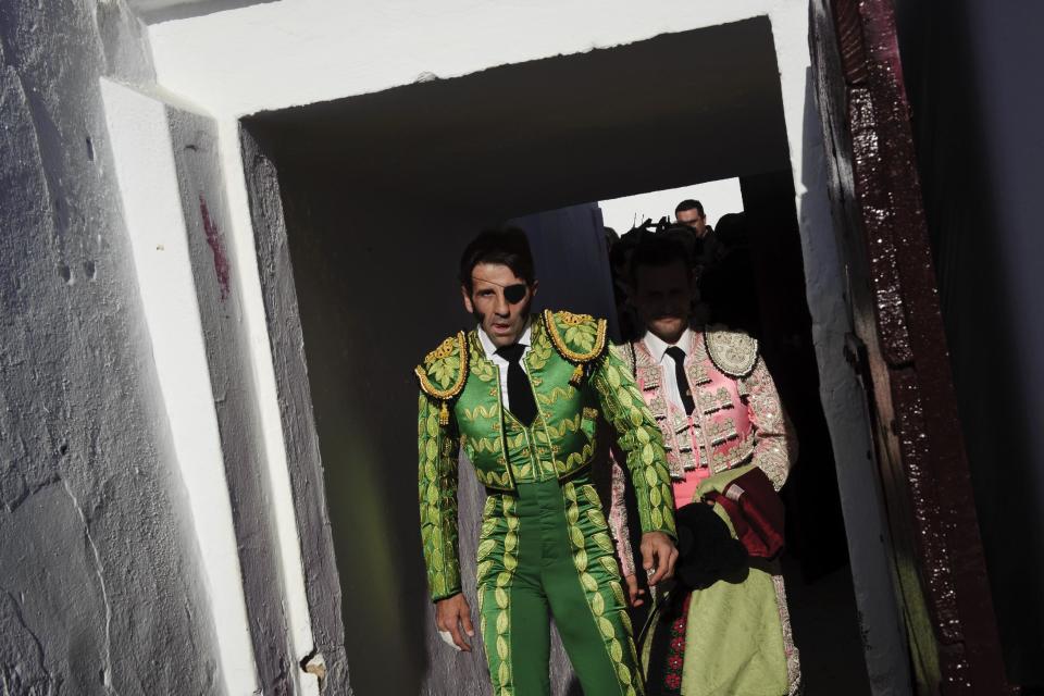 Spanish bullfighter Juan Jose Padilla arrives to the bullring before a bullfight at the southwestern Spanish town of Olivenza, Sunday, March 4, 2012. Padilla, 38-year-old matador who is also known by his professional name of 'the Cyclone of Jerez',  lost sight in one eye and has partial facial paralysis after a terrifying goring returned to the bullring Sunday, five months after his injury.(AP Photo/Daniel Ochoa de Olza)