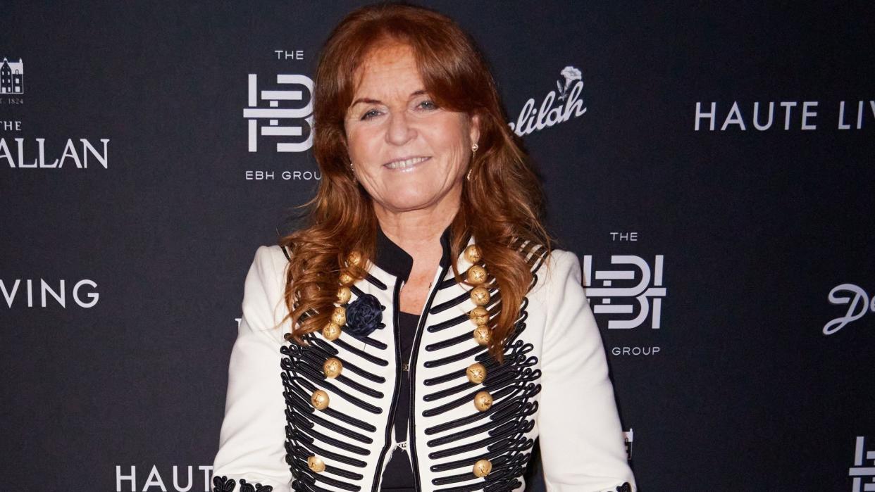 Sarah Ferguson wearing black and white military blazer in Miami