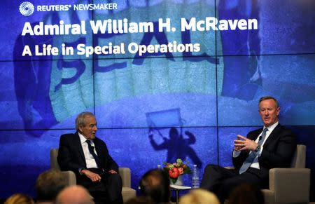 Retired U.S. Navy Admiral William McRaven (R), the former head of U.S. special operations who oversaw the raid on Osama bin Laden, speaks with Reuters Editor at Large Sir Harold Evans at a Reuters Newsmakers event in New York City, New York, U.S., May 22, 2019. REUTERS/Mike Segar