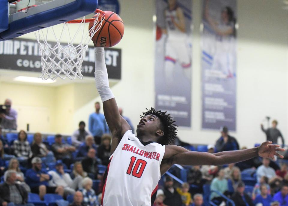 Shallowater's Jakari Davis goes for a dunk against Lubbock Christian in the United Supermarkets bracket championship at the Caprock Classic on Friday, Dec. 31, 2021, at the Rip Griffin Center in Lubbock.