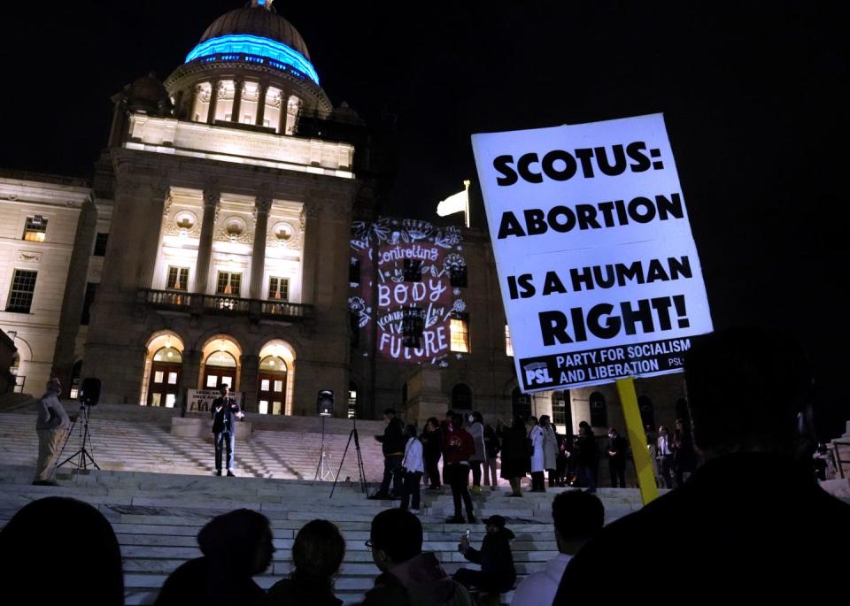 A gathering of people supporting abortion rights for a Tuesday evening rally at the RI State House in reaction to the leaked Supreme Court memo hinting a possible overturning of Roe vs Wade.  