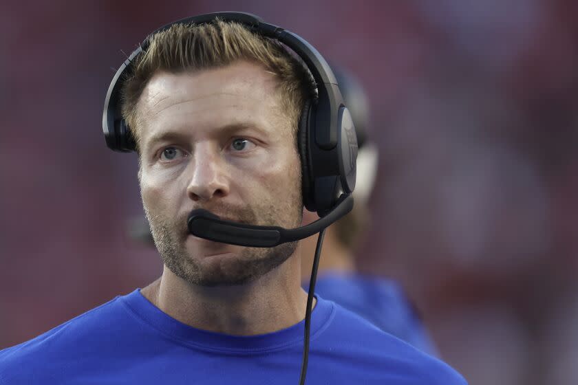 Los Angeles Rams head coach Sean McVay watches during the first half.