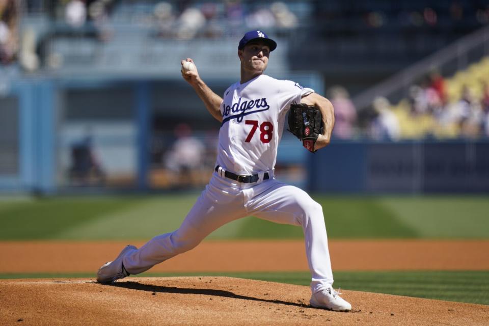 Los Angeles Dodgers starting pitcher Michael Grove throws.