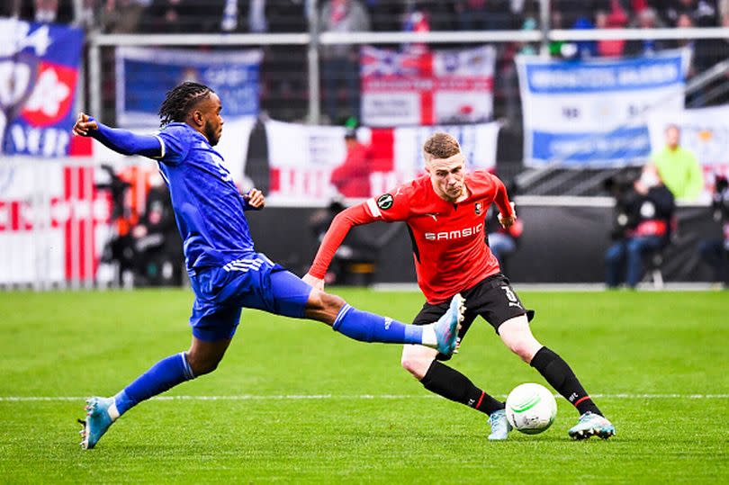 Adrien Truffert in action for Rennes against Leicester City in the Europa Conference League