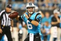 FILE PHOTO: Aug 24, 2018; Charlotte, NC, USA; Carolina Panthers quarterback Taylor Heinicke (6) looks to pass the ball in the third quarter against the New England Patriots at Bank of America Stadium. Mandatory Credit: Jeremy Brevard-USA TODAY Sports - 11124756