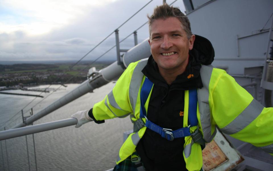 Robin at the top of the Forth Road Bridge on a walk