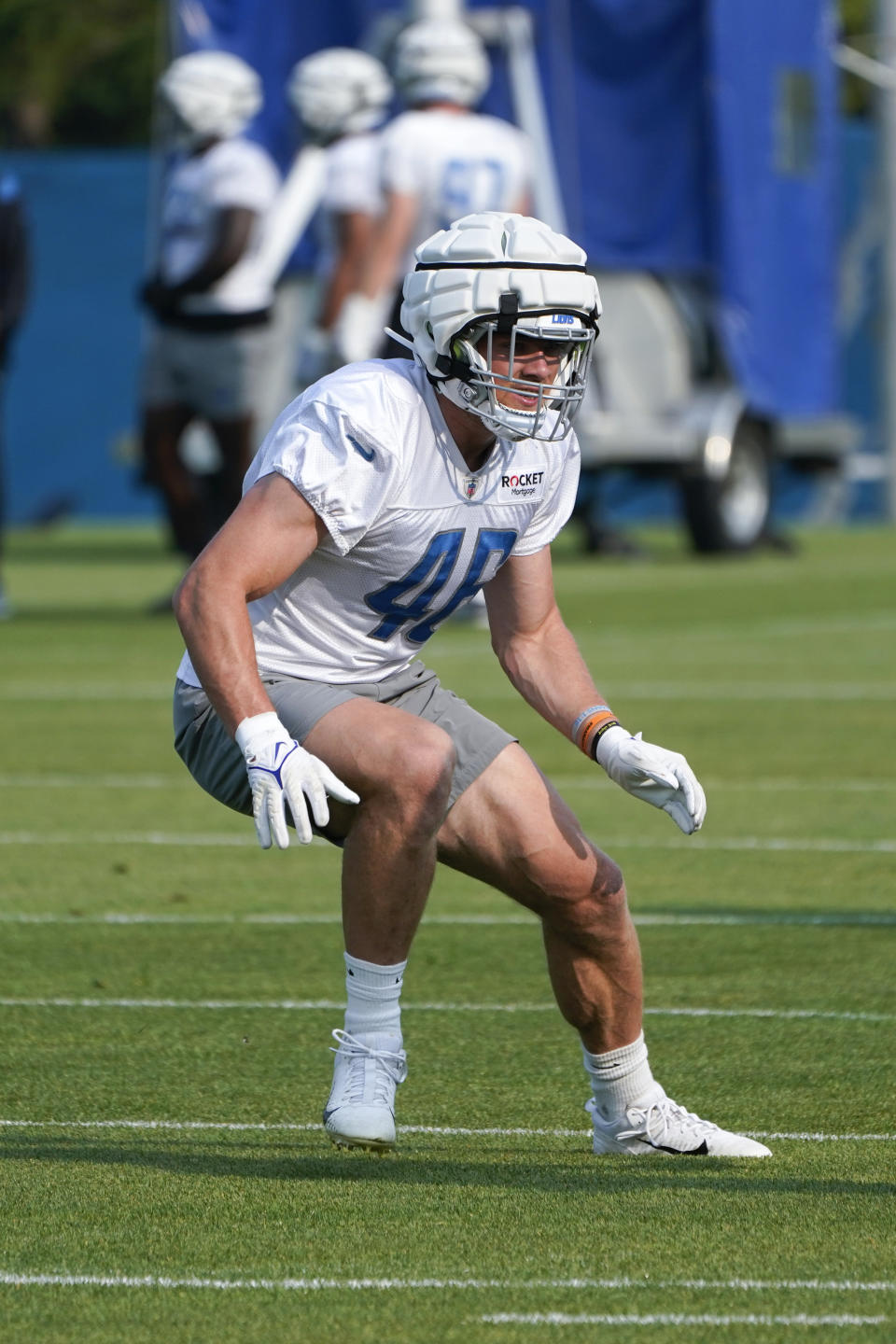 Detroit Lions linebacker Jack Campbell runs a drill during an NFL football practice in Allen Park, Mich., Tuesday, July 25, 2023. (AP Photo/Paul Sancya)