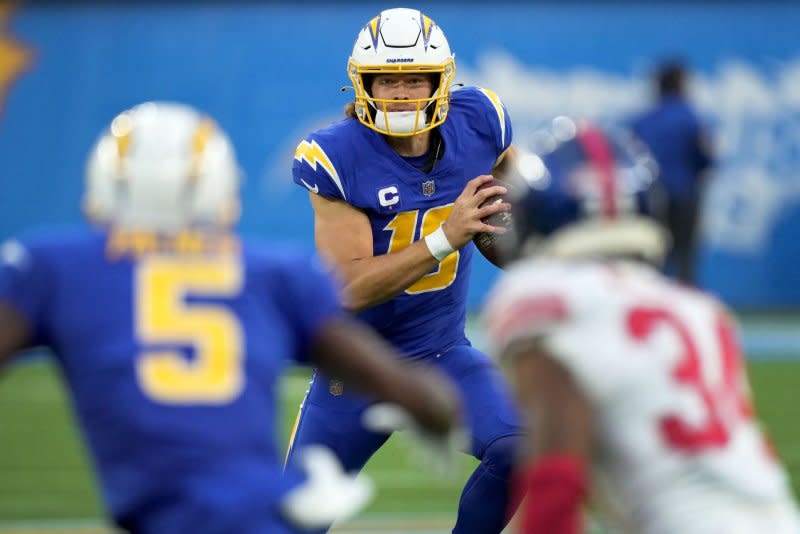 Los Angeles Chargers quarterback Justin Herbert (C) missed four games last season because of a broken finger. File Photo by Jon SooHoo/UPI