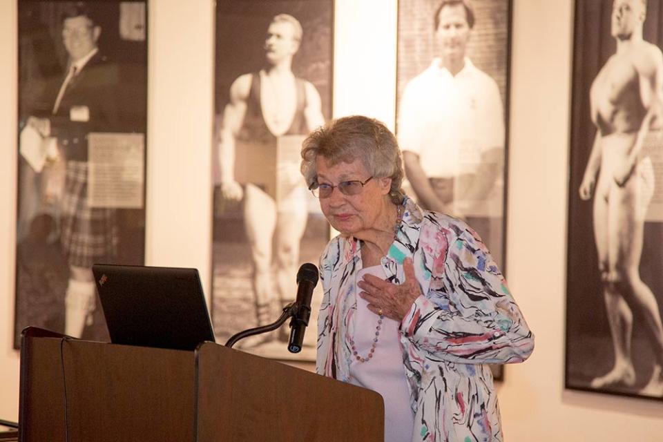 Former Austin school district athletic director Ellie Noack reminisces on a pioneering career as a physical education leader during a 2016 banquet at the University of Texas. The Texas graduate served as the state's first female athletic director for a large school district.