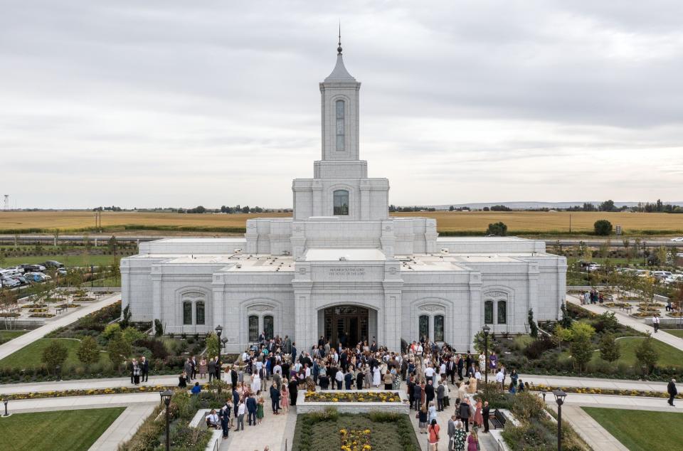 Church members gather outside the Moses Lake Washington Temple following the second dedication ceremony on Sept. 17, 2023.