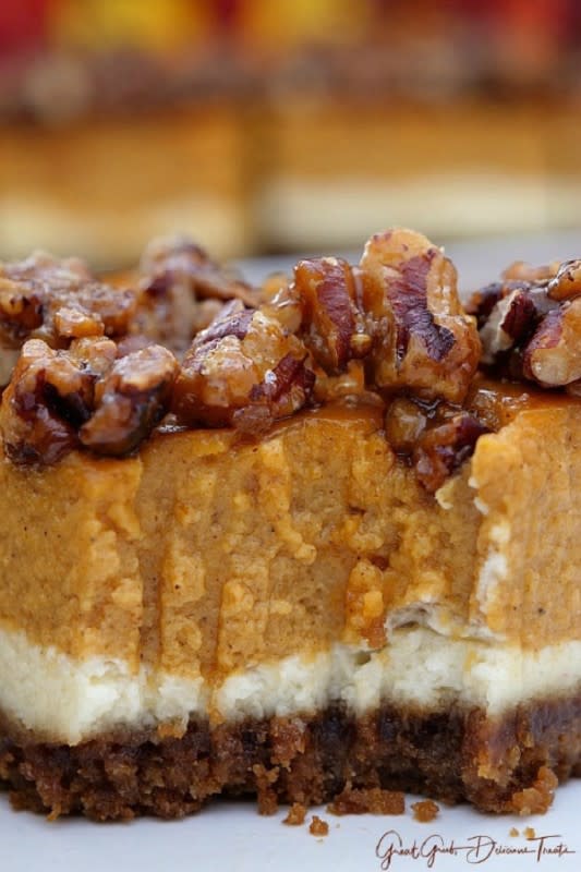 <p>Great Grubs Delicious Treats</p><p>These Cheesecake Pumpkin Bars are both a cheesecake and a pumpkin pie all in one delicious fall dessert, then topped with candied pecans.</p><p><strong>Get the recipe: </strong><a href="https://www.greatgrubdelicioustreats.com/cheesecake-pumpkin-bars/" rel="nofollow noopener" target="_blank" data-ylk="slk:Cheesecake Pumpkin Bars;elm:context_link;itc:0;sec:content-canvas" class="link "><strong>Cheesecake Pumpkin Bars</strong></a></p><p><strong>Related: 100+ <a href="https://www.yahoo.com/lifestyle/150-easy-thanksgiving-dessert-recipes-140610568.html" data-ylk="slk:Best Thanksgiving Desserts;elm:context_link;itc:0;sec:content-canvas;outcm:mb_qualified_link;_E:mb_qualified_link;ct:story;" class="link  yahoo-link">Best Thanksgiving Desserts</a></strong></p>