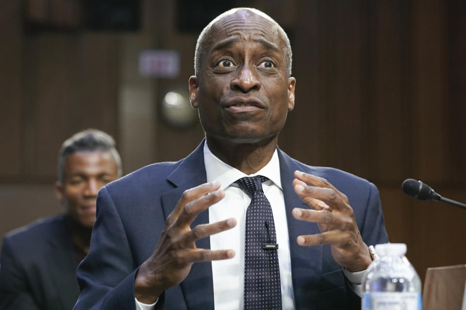 Philip Nathan Jefferson of North Carolina, speaks during the Senate Banking, Housing, and Urban Affairs Committee hearing to examine his nomination to be Vice Chairman of the Board of Governors of the Federal Reserve System, Wednesday, June 21, 2023, on Capitol Hill in Washington. (AP Photo/Mariam Zuhaib)