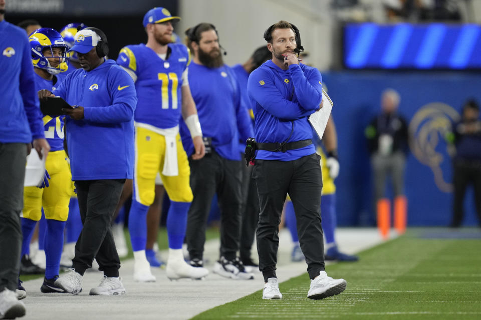 New Orleans Saints head coach Sean McVay watches from the sideline during the first half of an NFL football game against the New Orleans Saints Thursday, Dec. 21, 2023, in Inglewood, Calif. (AP Photo/Ashley Landis)