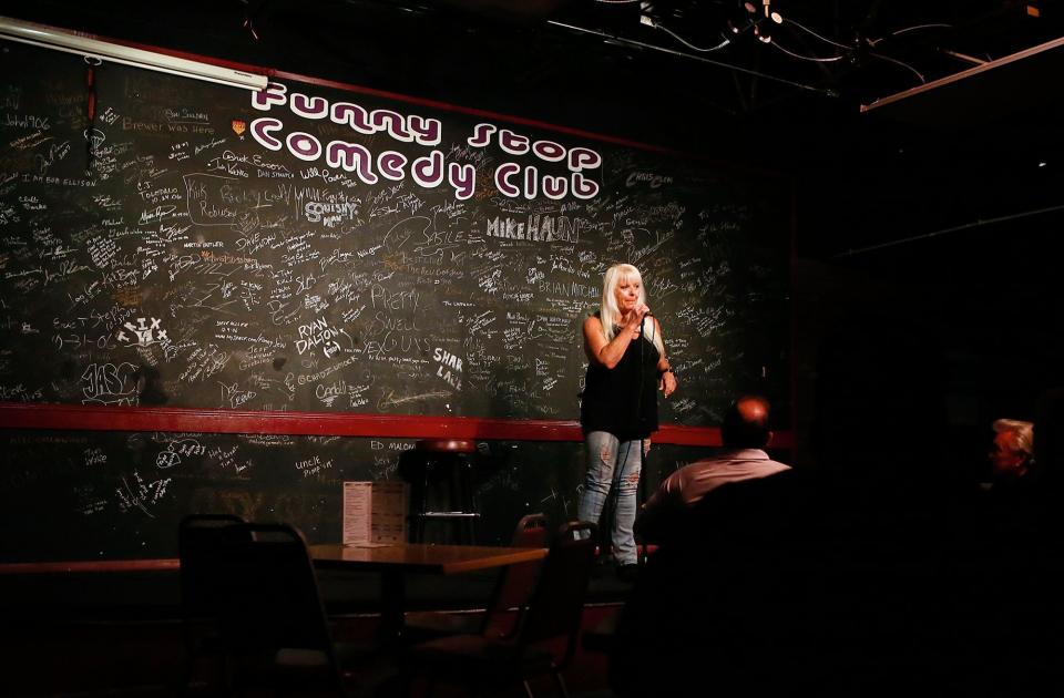 Cyndi Rice of Cleveland does standup at Funny Stop in Cuyahoga Falls. | Beacon Journal file photo