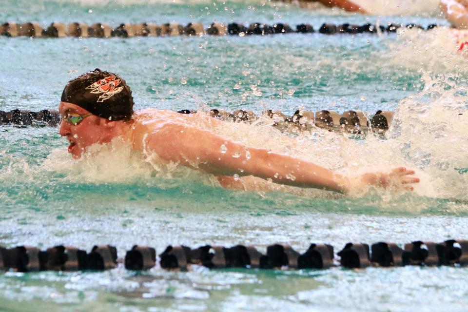 Tenafly's Aaron Baltaytis swims the butterfly during the state Meet of Champions at GCIT. March 5, 2023.