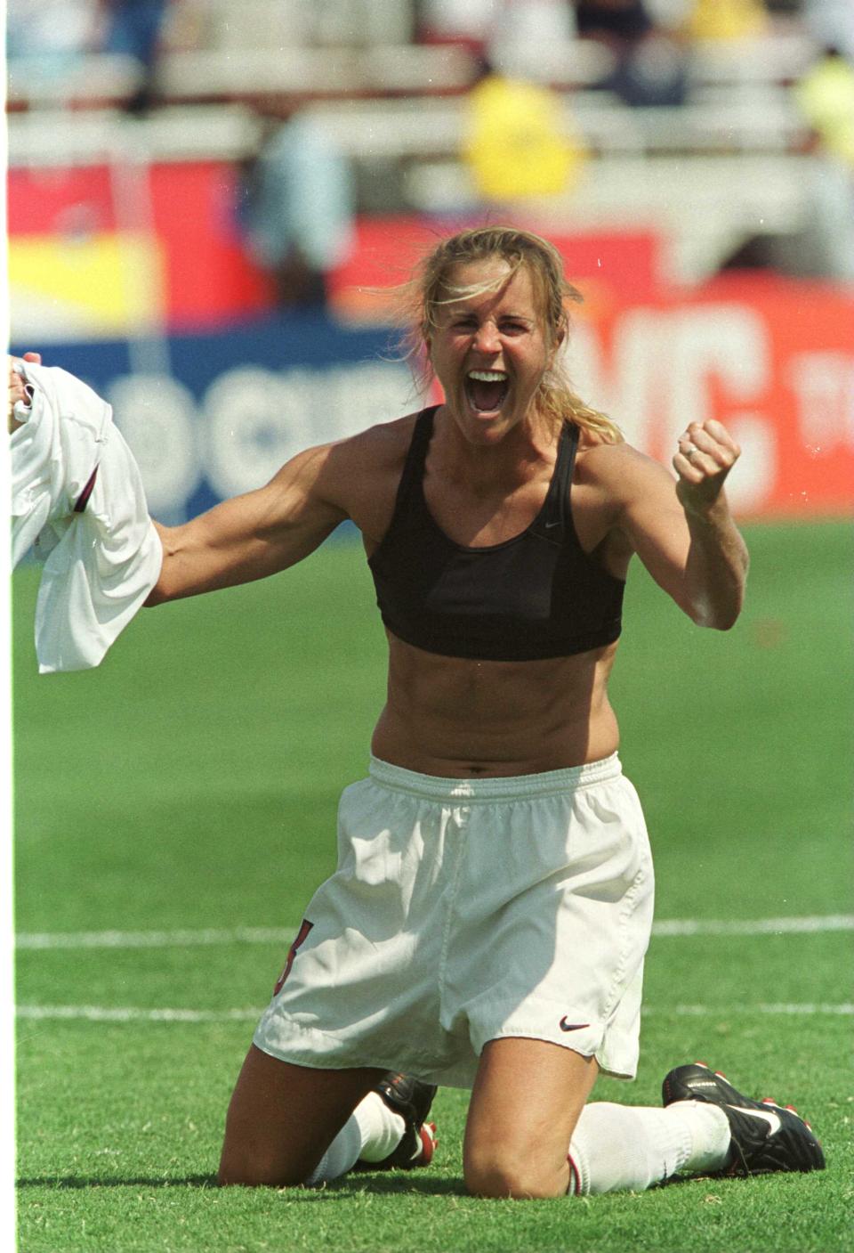 USA’s Brandi Chastain rips off her shirt in celebration at the end of the 1999 World Cup final. (Photo by Jon Buckle/EMPICS via Getty Images)