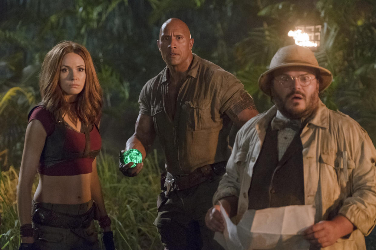 Spot the difference…? Karen Gillan with Dwayne Johnson and Jack Black in ‘Jumanji: Welcome to the Jungle’ (credit: Sony)