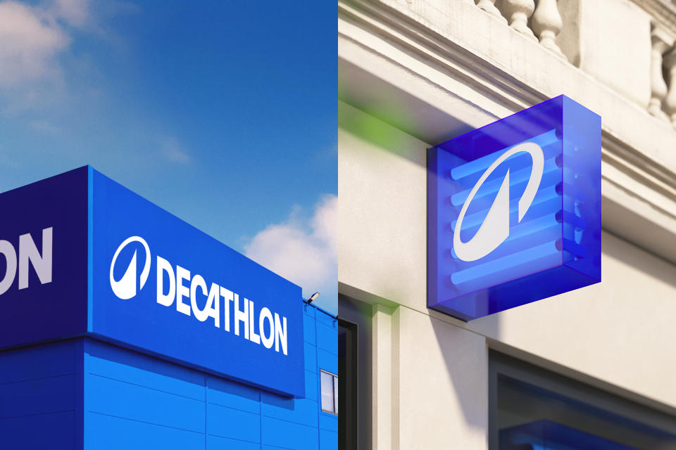 Decathlon new logo in use on a shop