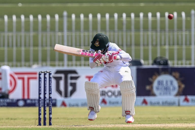 Bangladesh's Mushfiqur Rahim ducks under a bouncer on his way to a hundred against Pakistan in the first Test at Rawalpindi (Farooq NAEEM)