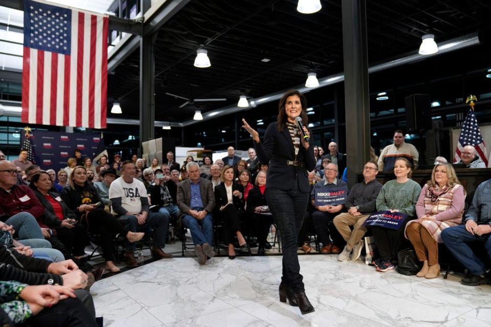 Republican presidential candidate Nikki Haley speaks to voters at a town hall campaign event, Monday, Feb. 20, 2023, in Urbandale, Iowa.