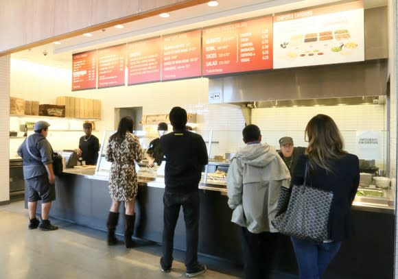 People are in line at a Chipotle.