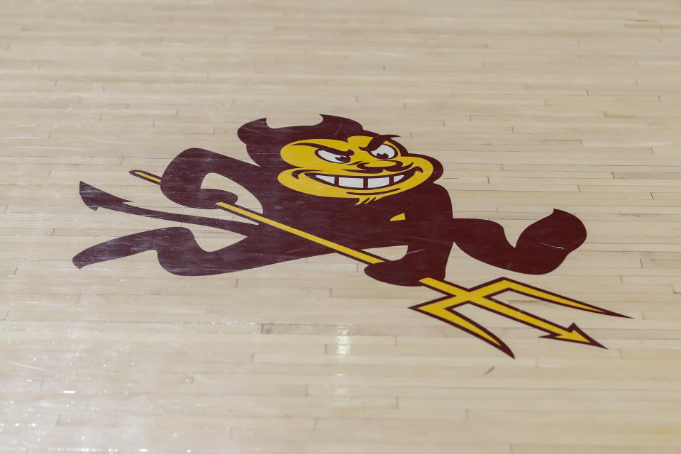 The Arizona State Sun Devils logo Sparky is shown on the court before the college basketball game between USC and Arizona St. on Feb. 8, 2020. (Kevin Abele/Icon Sportswire via Getty Images)