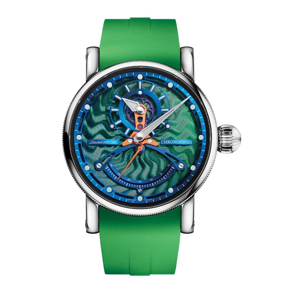 The 42mm ReSec Green Monster Manufacturer in titanium features green guilloché and brilliant blue details; 15,800, at Feldmar Watch Co., Los Angeles