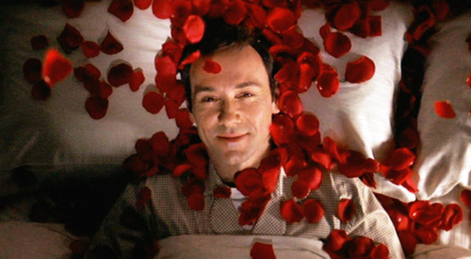 LOS ANGELES - OCTOBER 1: The movie "American Beauty", directed by Sam Mendes and written by Alan Ball.  Seen here, Kevin Spacey as Lester Burnham fantasizing about Angela Hayes on a bed of red rose petals.  Initial theatrical wide release October 1, 1999.  Screen capture. A Paramount Picture. (Photo by CBS via Getty Images)