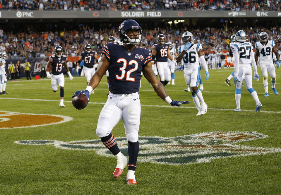 CHICAGO, ILLINOIS - AUGUST 08: David Montgomery #32 of the Chicago Bears reacts after scoring a touchdown against the Carolina Panthers during a preseason game at Soldier Field on August 08, 2019 in Chicago, Illinois. (Photo by Nuccio DiNuzzo/Getty Images)