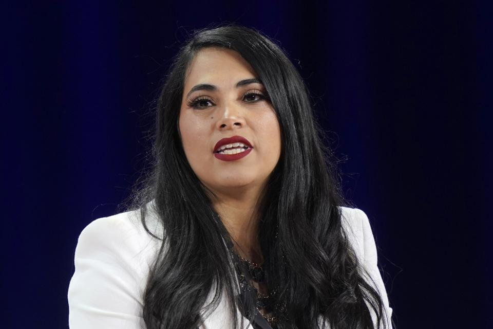 FILE - Rep. Mayra Flores, R-Texas, speaks at the Conservative Political Action Conference (CPAC) in Dallas, Aug. 5, 2022. In a rare race between two sitting members of Congress — both Latinos — in a Democratic-leaning district, Republican U.S. Rep. Mayra Flores was ousted. Flores, who made history in a special election earlier this year by becoming the first Mexican-born congresswoman, said the heavily Hispanic region has always been conservative, with a focus on faith and family values, leading to a growing GOP impact. (AP Photo/LM Otero, File)