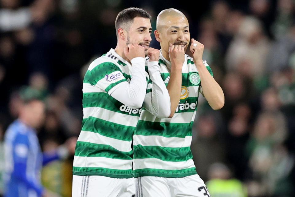 Daizen Maeda (right) netted Celtic’s first-half opener (Steve Welsh/PA) (PA Wire)