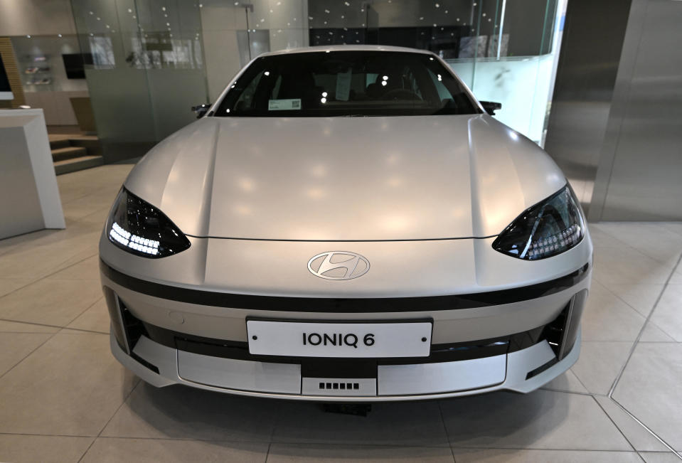 A Hyundai Ioniq 6 is displayed at a car dealership in Seoul, South Korea, on March 27, 2024.  / Credit: CFOTO/Future Publishing via Getty Images