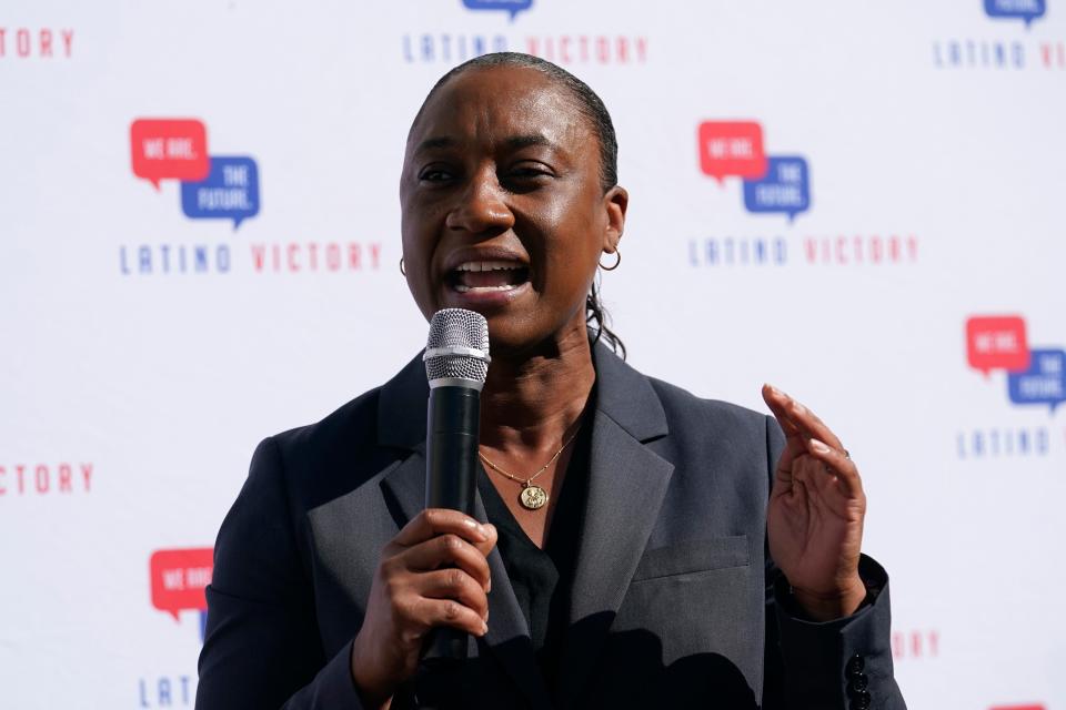 Laphonza Butler speaks during a rally held by the Latino Victory Fund on Oct. 20, 2022, in Coral Gables, Fla. California Gov. Gavin Newsom has named Butler to fill the U.S. Senate seat made vacant by Sen. Dianne Feinstein's death.