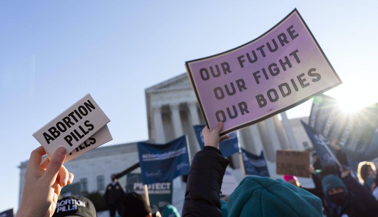 <span class="caption">Abortion rights advocates demonstrate in front of the U.S. Supreme Court in 2021, in Washington, D.C.</span> <span class="attribution"><a class="link " href="https://newsroom.ap.org/detail/SupremeCourtAbortion/f9dd30d23ec6449588e1b043693f07f2/photo?Query=abortion&mediaType=photo&sortBy=&dateRange=Anytime&totalCount=11307&currentItemNo=3" rel="nofollow noopener" target="_blank" data-ylk="slk:AP Photo/Jose Luis Magana;elm:context_link;itc:0;sec:content-canvas">AP Photo/Jose Luis Magana</a></span>