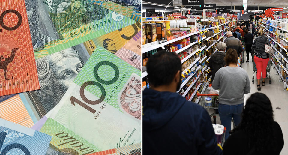 Composite image of money and people shopping in a supermarket as inflation hits prices.