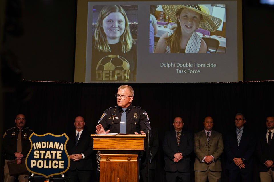Indiana State Police Superintendent Doug Carter announces during a news conference in Delphi, Ind., Monday, Oct. 31, 2022, the arrest of Richard Allen, 50, for the murders of two teenage girls killed during a 2017 hiking trip in northern Indiana. Liberty German, 14, and Abigail Williams, 13, were killed in February 2017. (AP Photo/Michael Conroy)