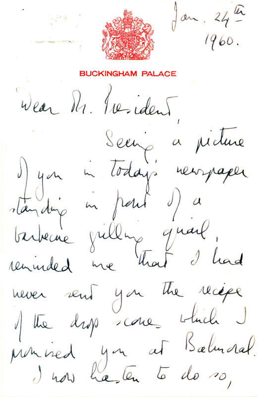 A letter from Queen Elizabeth II to Dwight Eisenhower dated January 24, 1960. The letter included a recipe for drop scones at the request of Eisenhower.