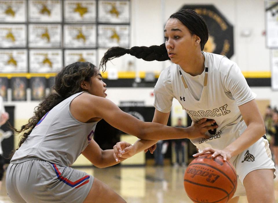 Lubbock High's Mecailin Marshall, right, dribbles the ball against Abilene Cooper on Tuesday at Westerner Arena.