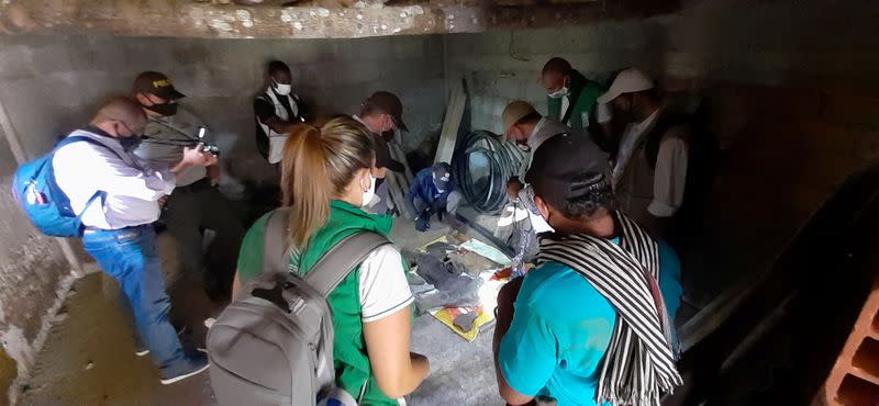 Fossil remains of a mastodon found by miners are seen inside a gold mine in Risaralda