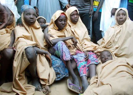 Some of the newly-released Dapchi schoolgirls are pictured in Jumbam village, Yobe State, Nigeria March 21, 2018. REUTERS/REUTERS/Ola Lanre