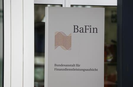 The logo of Germany's Federal Financial Supervisory Authority BaFin (Bundesanstalt fuer Finanzdienstleistungsaufsicht) is pictured outside the former finance ministry building in Bonn, Germany, Germany, April 5, 2016. REUTERS/Wolfgang Rattay