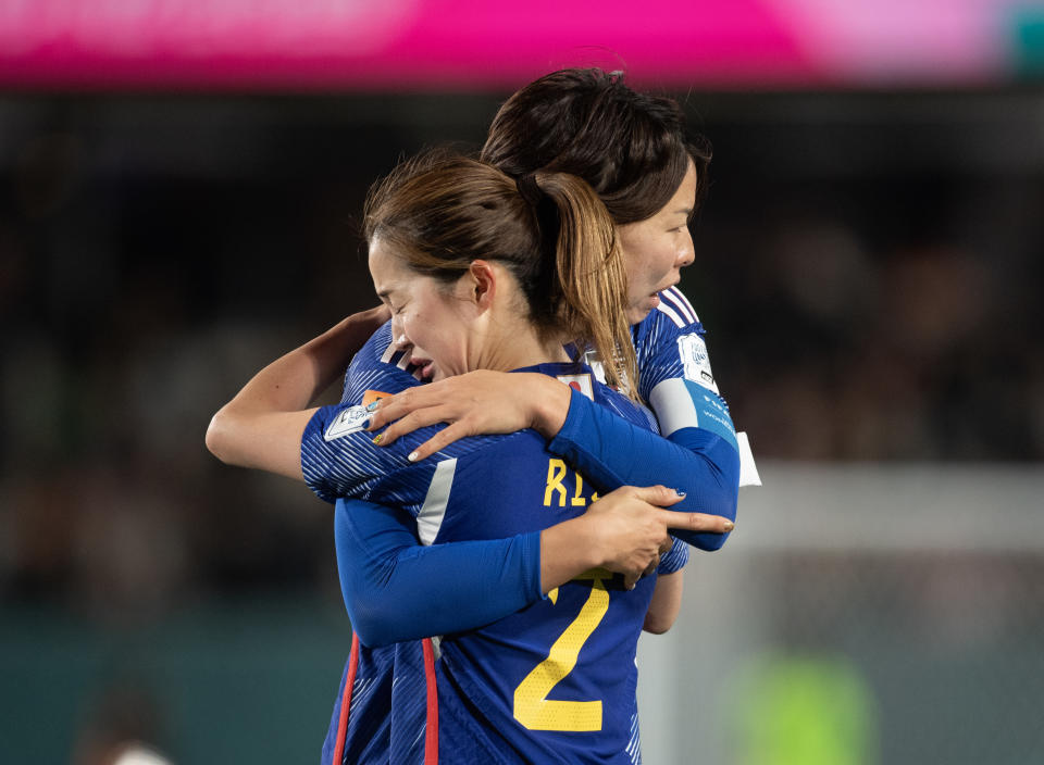 AUCKLAND, NEW ZEALAND - AUGUST 11: Saki Kumagai and Risa Shimizu of Japan react to losing the FIFA Women's World Cup Australia & New Zealand 2023 Quarter Final match between Japan and Sweden at Eden Park on August 11, 2023 in Auckland, New Zealand. (Photo by Joe Prior/Visionhaus via Getty Images)