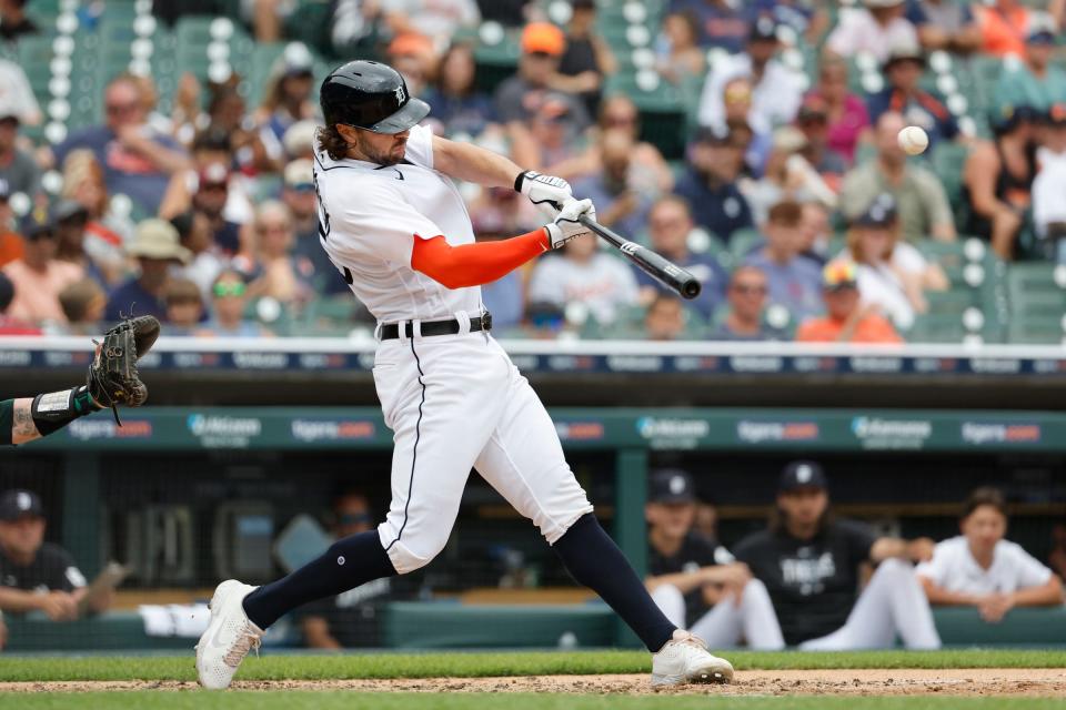 Detroit Tigers right fielder Jake Marisnick hits an RBI double in the fourth inning against the Oakland Athletics at Comerica Park, July 6, 2023.