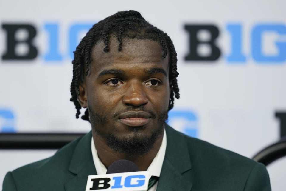 FILE - Rutgers defensive back Avery Young talks to reporters during an NCAA college football news conference at the Big Ten Conference media days at Lucas Oil Stadium in Indianapolis, Wednesday, July 27, 2022. (AP Photo/Darron Cummings, File)