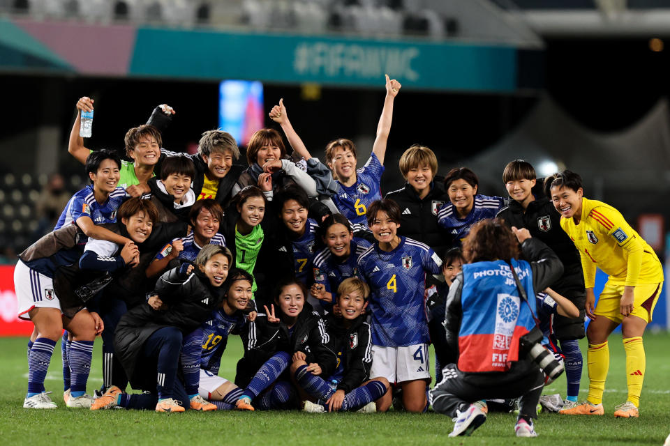 DUNEDIN, NEW ZEALAND - JULY 26: Players of Japan celebrate the victory and take group photo after the FIFA Women's World Cup Australia & New Zealand 2023 Group C match between Japan and Costa Rica at Dunedin Stadium on July 26, 2023 in Dunedin / Ōtepoti, New Zealand. (Photo by Zhizhao Wu/Getty Images)