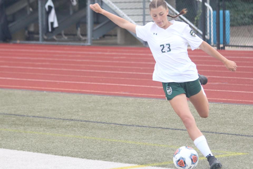 Zeeland West's Rylee Smith fires a shot that led to the Dux lone goal of the regional final