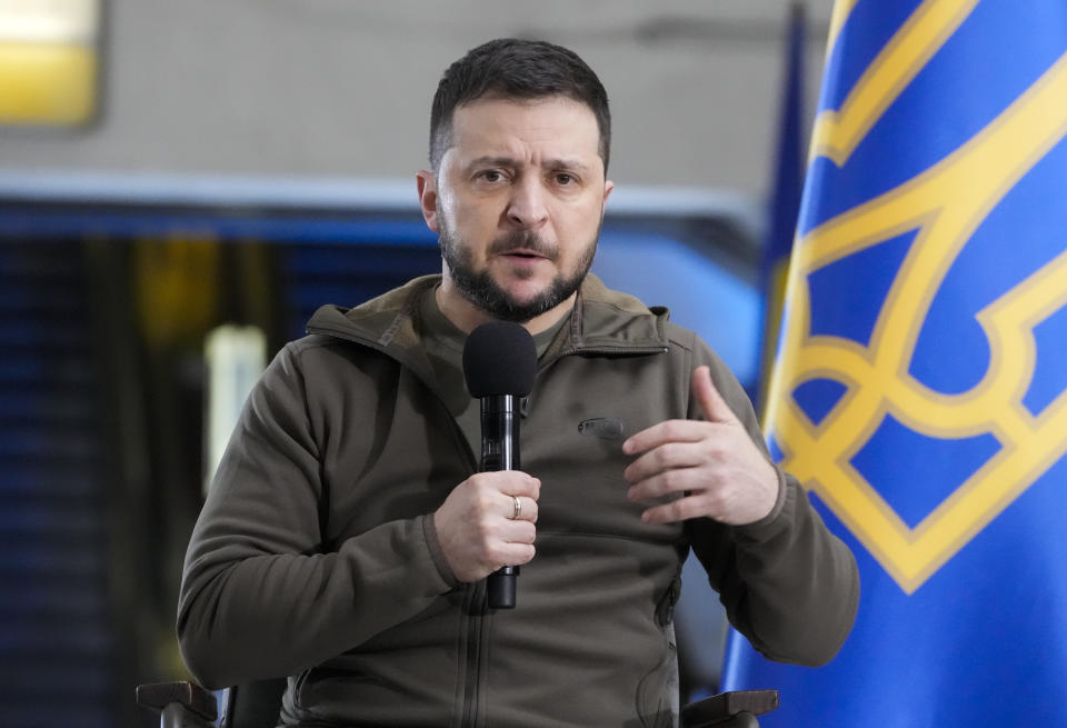 FILE - Ukrainian President Volodymyr Zelenskyy answers media questions during a press conference in a city subway under a central square in Kyiv, Ukraine, April 23, 2022. U.S. intelligence agencies underestimated Zelenskyy and Ukraine while overestimating Russia and Russian President Vladimir Putin, even as they accurately predicted Putin would order an invasion. (AP Photo/Efrem Lukatsky, File)