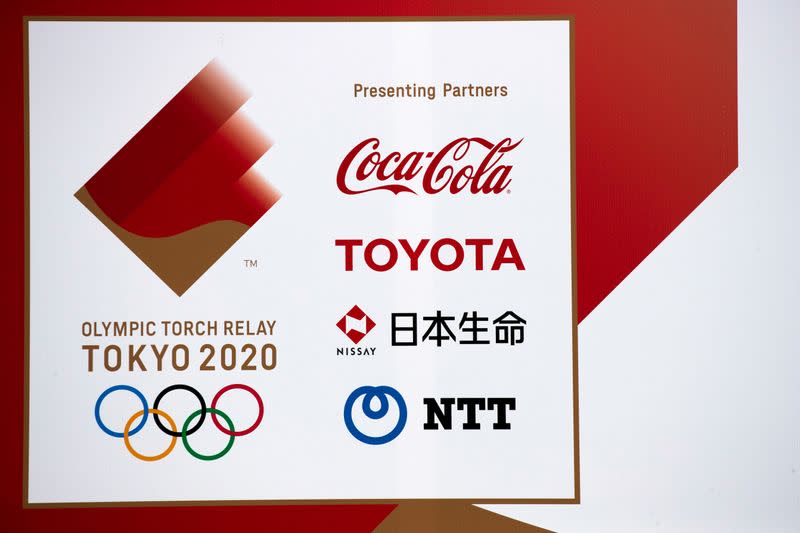 A banner advertising Coca-Cola beverages, Toyota, Nissay and NTT, Olympic Games partner for Tokyo 2020, in Fukushima prefecture