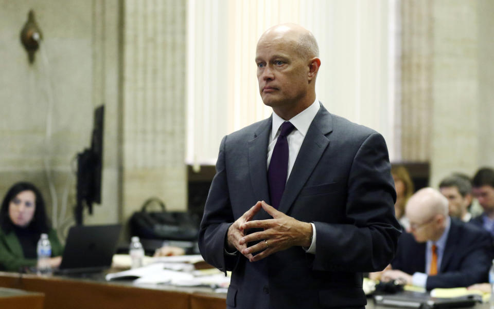 Special prosecutor Joe McMahon questions a witness in the first degree murder trial for Chicago police officer Jason Van Dyke in the shooting death of Laquan McDonald, at the Leighton Criminal Court Building Wednesday, Oct. 3, 2018, in Chicago. (John J. Kim/ Chicago Tribune via AP, Pool)